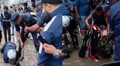 बनस्थलीको ढ्वाङ खोलामा खसेको स्कुटर सुरक्षाकर्मीले निकाले
