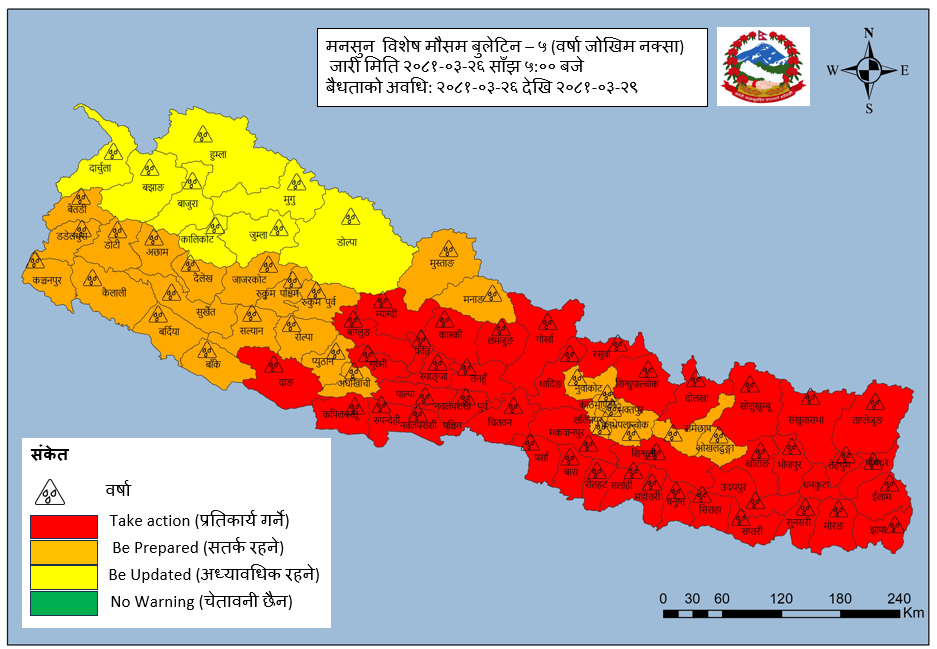 मनसुन फेरि सक्रिय, तीन दिन अत्यधिक वर्षा हुनसक्ने