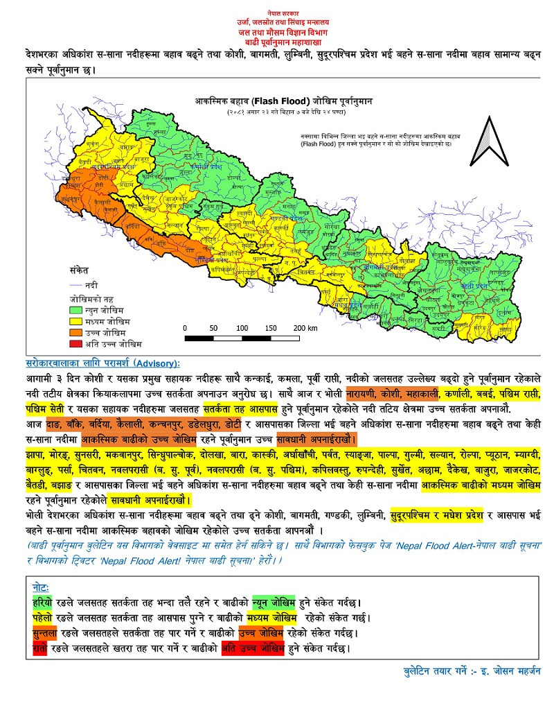 देशका मुख्य ठूला नदीमा आज र भोलि बाढीको उच्च जोखिम : बाढी पूर्वानुमान महाशाखा
